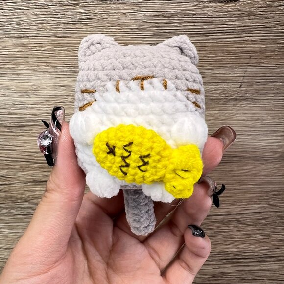 Handmade Amigurumi Crochet Gray Cat Holding a Yellow Fish Plushie - Picture 1 of 1